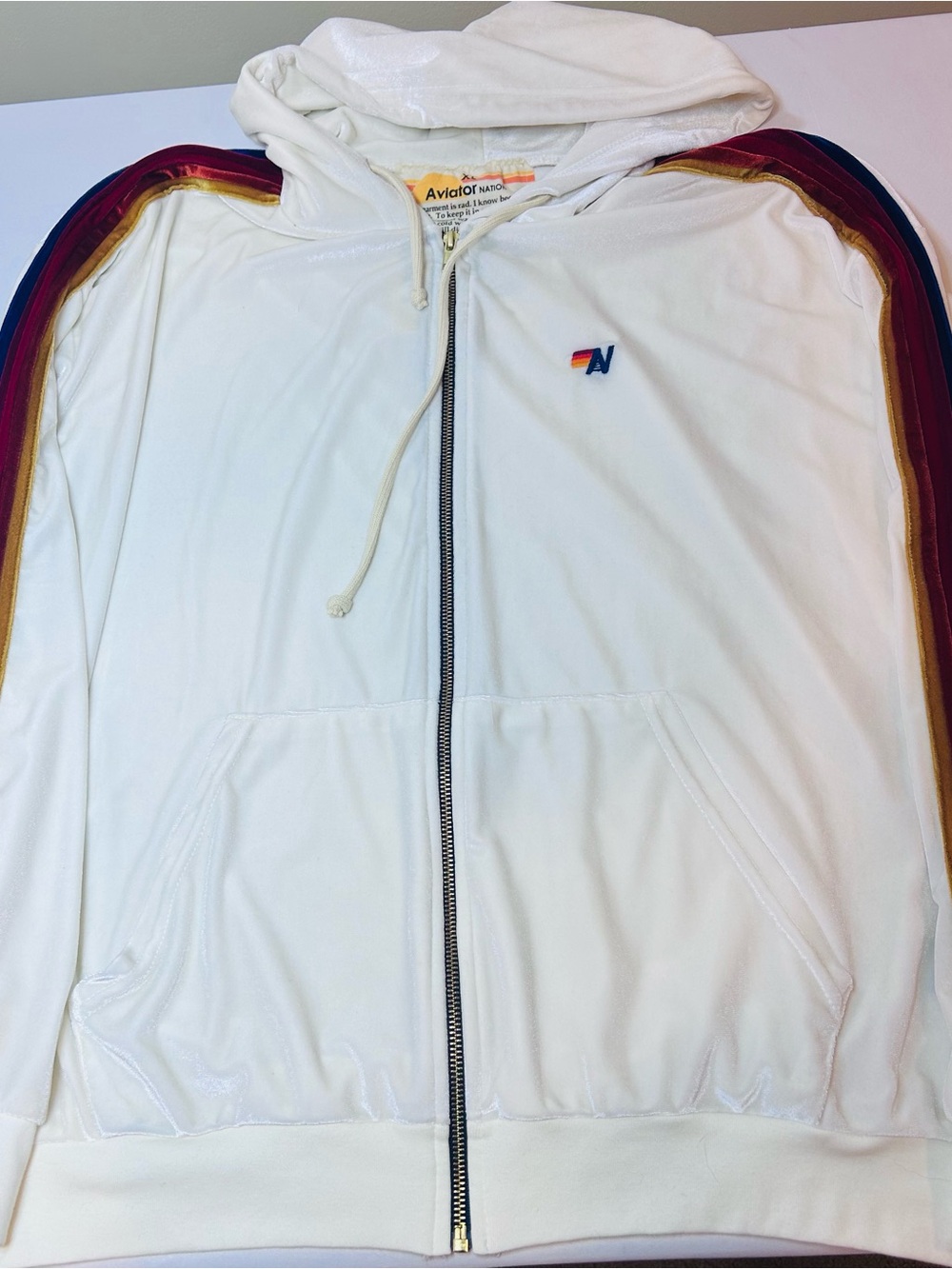 Aviator Nation White velvet Zip Hoodie with Rainbow Stripe Detail size XL NWOT
